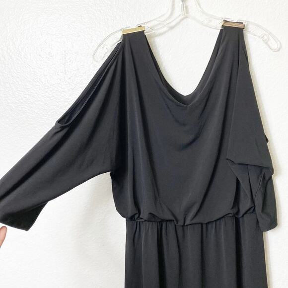 INC International Concepts Black Open Cut Shoulder Dress Gold Accents MEDIUM - Picture 4 of 5